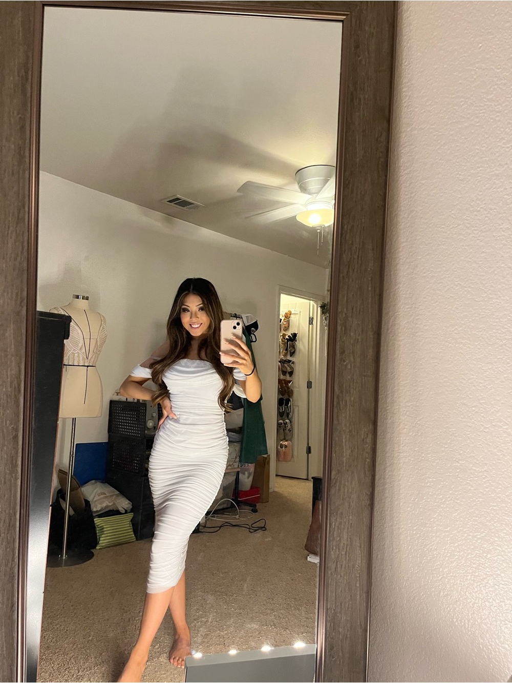 Ruched Off-Shoulder Midi Dress in White
